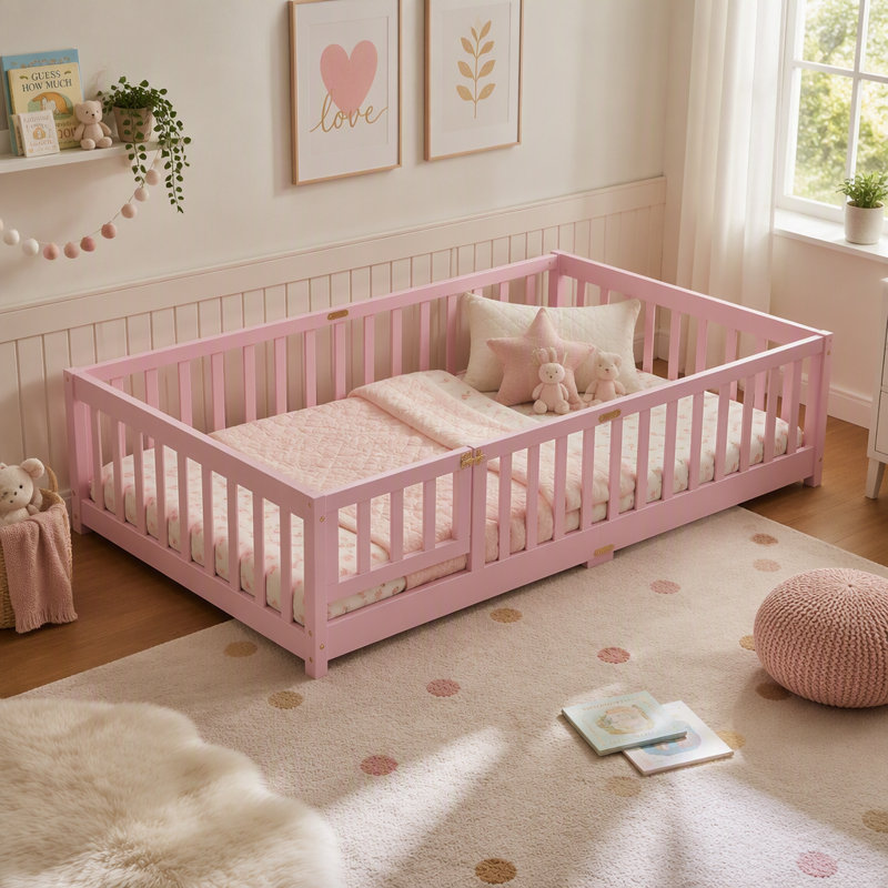 Lit simple au sol avec garde-corps de sécurité et porte tournante rose, parfait pour les enfants et les espaces compacts