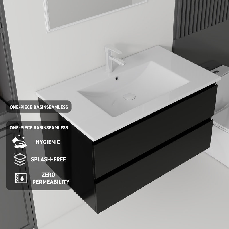 Meuble-lavabo flottant 36 po avec lavabo à fermeture en douceur pour petites salles de bain 36 po, Black, 36"