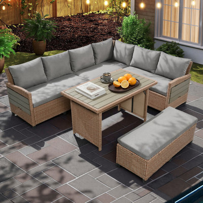 Ensemble de canapé modulaire d'extérieur en osier pour 8 personnes avec tables d'appoint extensibles et banc de rangement - Ensemble de conversation pour patio, cour, piscine et jardin résistant aux intempéries