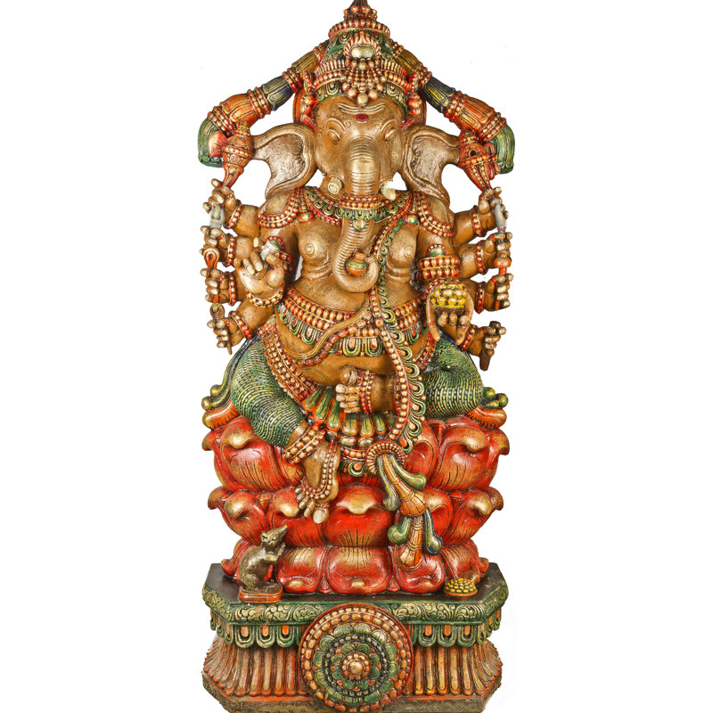 Panneau mural en bois sculpté à la main de 39,5 po avec des idoles en laiton Ganesha et Lakshmi - art mural traditionnel indien