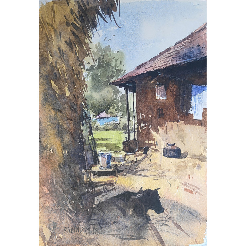 Un matin dans un village | Aquarelle sur papier | Par Ravindra Mahale