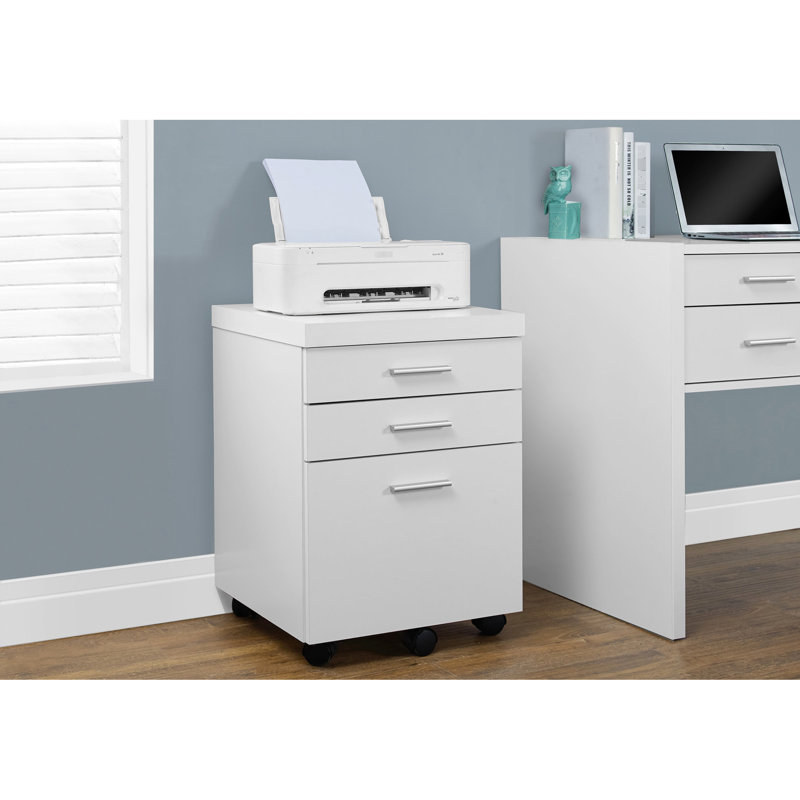 Modern Office File Cabinet With Rolling Wheels, White Laminate, Storage Drawers And Printer Stand For Productivity,