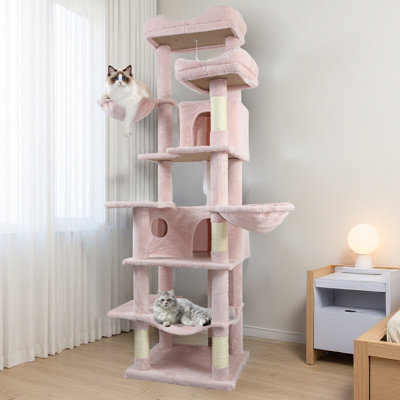 68 Inches Pink Multi-level Large Cat Tree Tower With Hammock, Plush Condos, Sisal Scratching Posts & Cushions For Bedrooms, Living Rooms, And Pet Owners