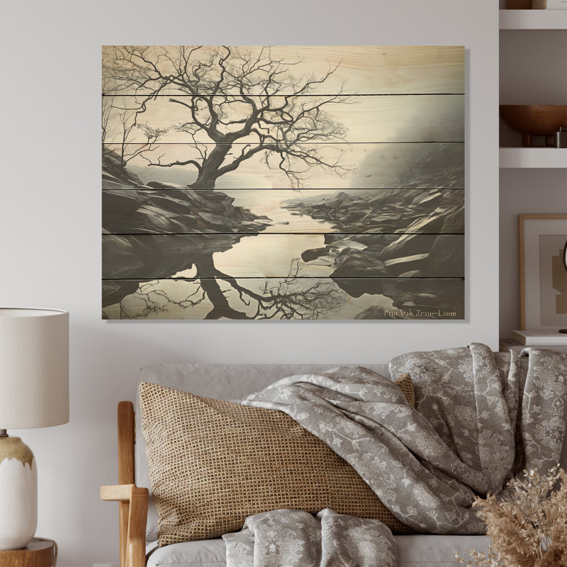 Moody Lake Fog Charm - Lake River Wood Wall Art On Natural Pine Wood, 30" H x 40" W