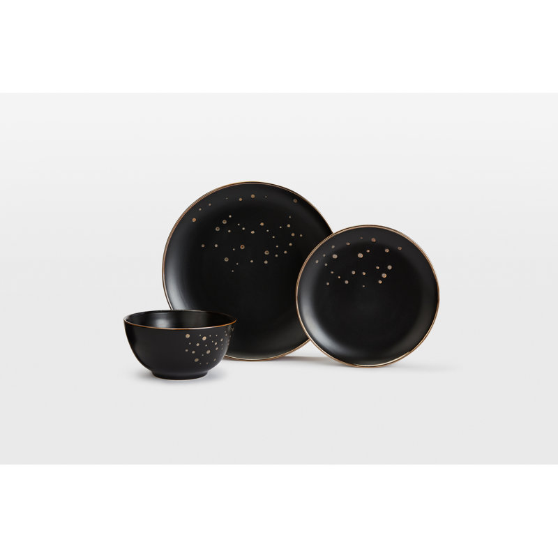 Waterside 12pc Ebony & Gold Stoneware Dinner Set