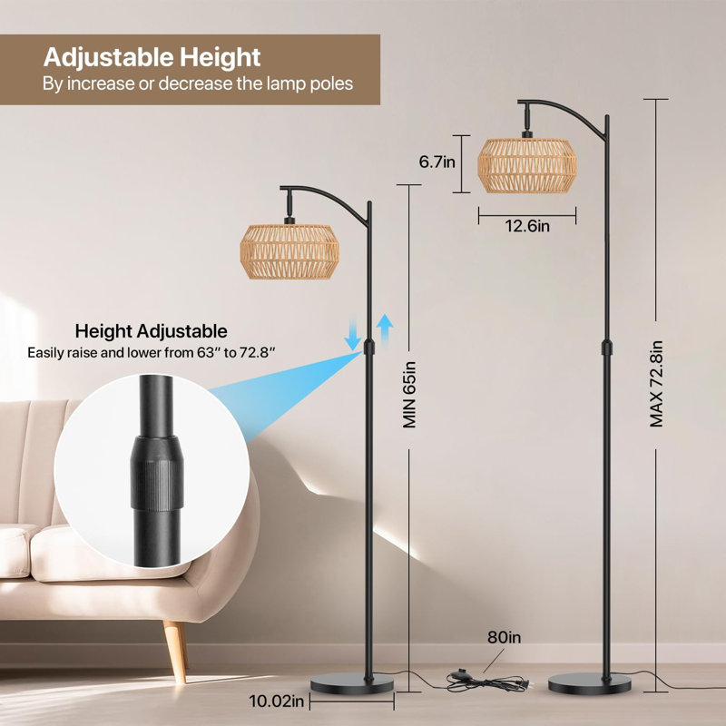 Arc Floor Lamp With 3 Color Temperatures & Dimmable RGB Bulb, Adjustable Height Farmhouse Floor Lamp With Rattan & Fabric Shades, Remote Control & Timer Function For Living Room, Bedroom, Office