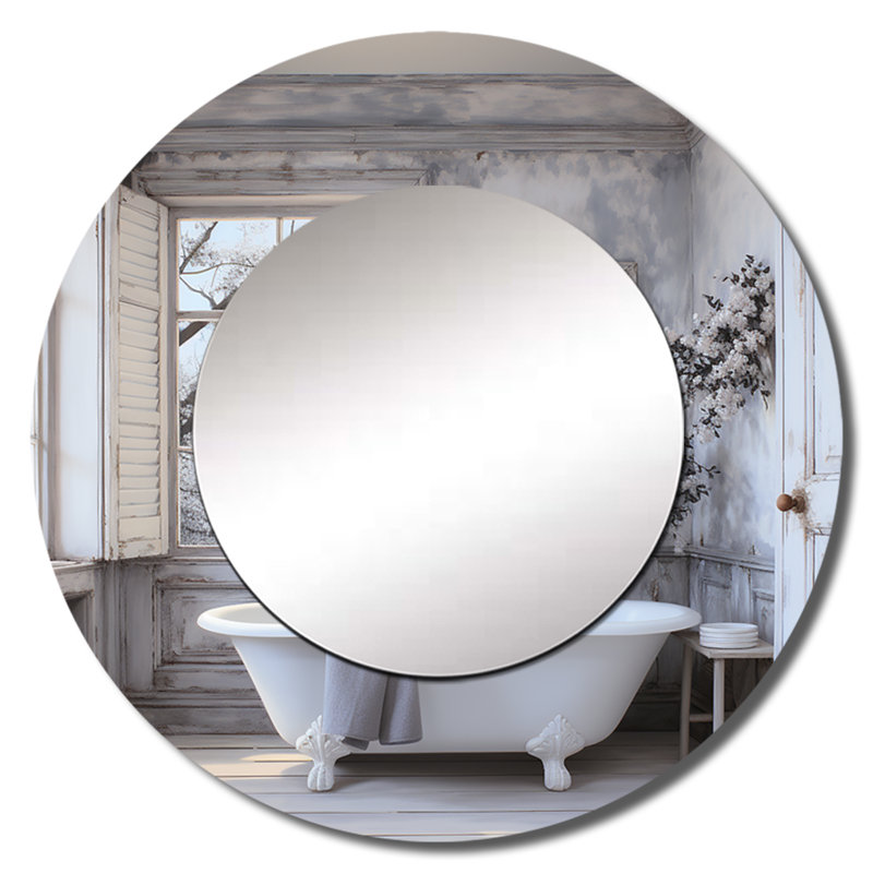 Sayhan Farmhouse Bathroom Charm II - grand miroir de blanchisserie, miroir mural rond gris, impression d'art en métal