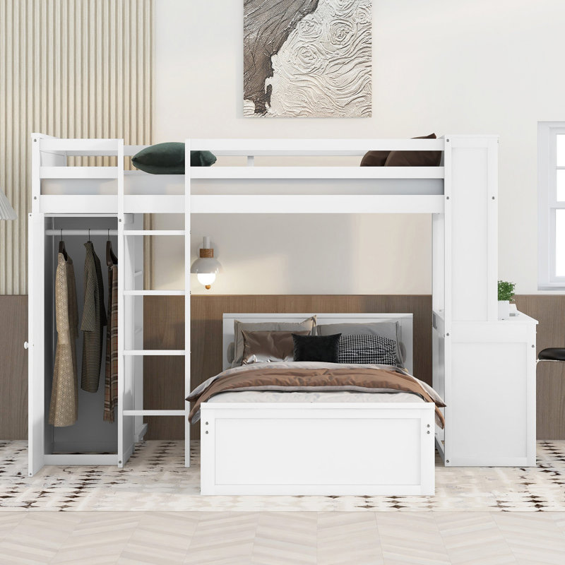 Loft Bed with a Stand-alone bed, Shelves,Desk,and Wardrobe, Twin, White