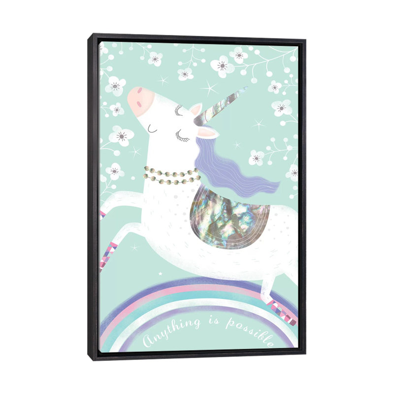 «Rainbow Unicorn» par Sophie Hanton - impression d'art graphique, H 40 po x l 26 po x P 1,5 po, Toile avec cadre noir patiné