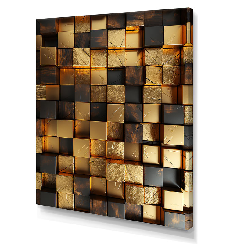 Or abstrait, cubes I - art mural géométrique, Toile tendue, H 20 po x l 12 po x P 1 po