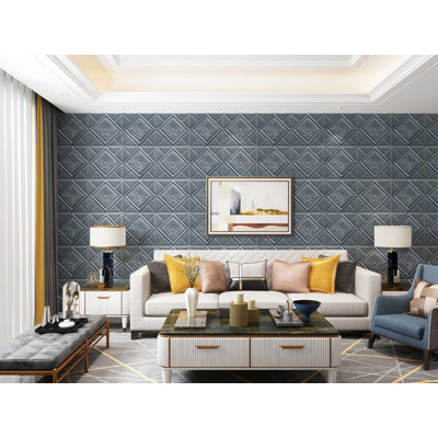 Dark Silver Stylized Flowers In Diamonds 3D Wall Panel, Peel And Stick Wall Sticker, Self-Adhesive Foam Wallpaper For Interior Design Wall Panelling Decor, 2.3Ft X 2.3Ft, 5.29 Sq Ft Each