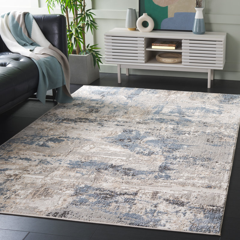 Ivory and Blue Abstract Stain-Resistant Rectangular Rug