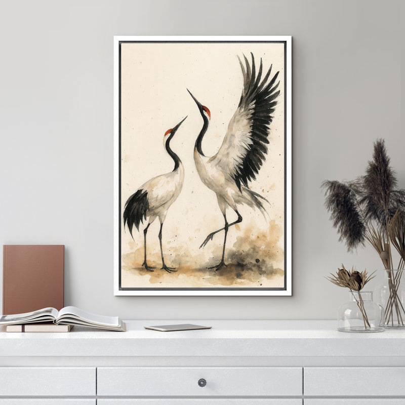 «Dancing Red-Crowned Cranes Nature Scene», reproduction d'art sur toile encadrée, H 24 po x l 16 po x P 1,5 po