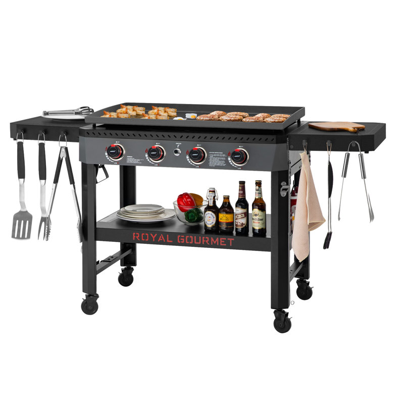 Plaque chauffante au propane de 34 pouces à 4 brûleurs avec tablettes latérales pliables et panier de rangement Royal Gourmet