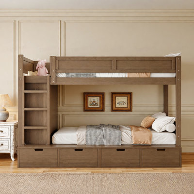 Lit superposé simple au-dessus de simple avec 4 tiroirs de rangement, lit superposé en bois massif avec garde-robe intégré et garde-corps pleine longueur, aucun sommier nécessaire