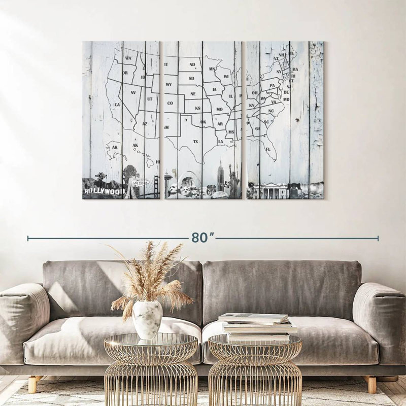 Carte des États-Unis en bois blanc, carte des États-Unis sur toile, 3 pièces, H 36 po x l 57 po x P 1,25 po