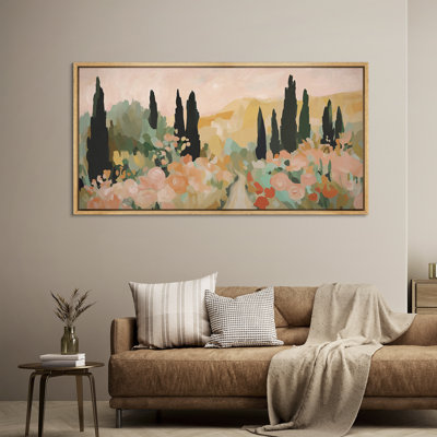 Tuscany Garden Abstract Landscape Framed Canvas Wall Art - Mediterranean-Inspired Floral Scene for Dining Room or Hallway