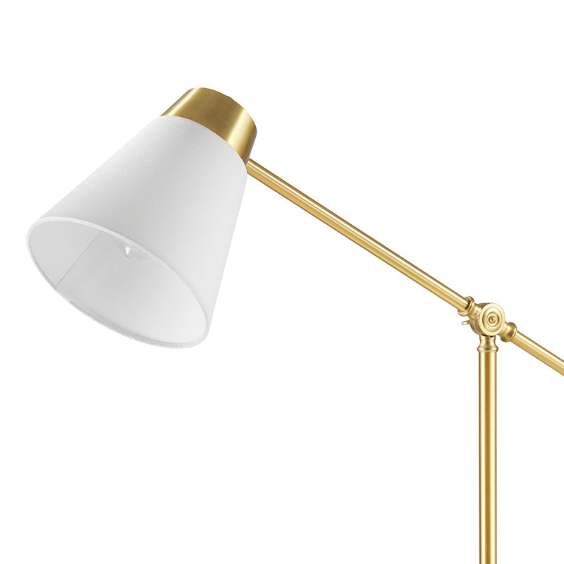 Varley 69" Matte Brass Plated Swing Arm Floor Lamp with White Tapered Fabric Shade