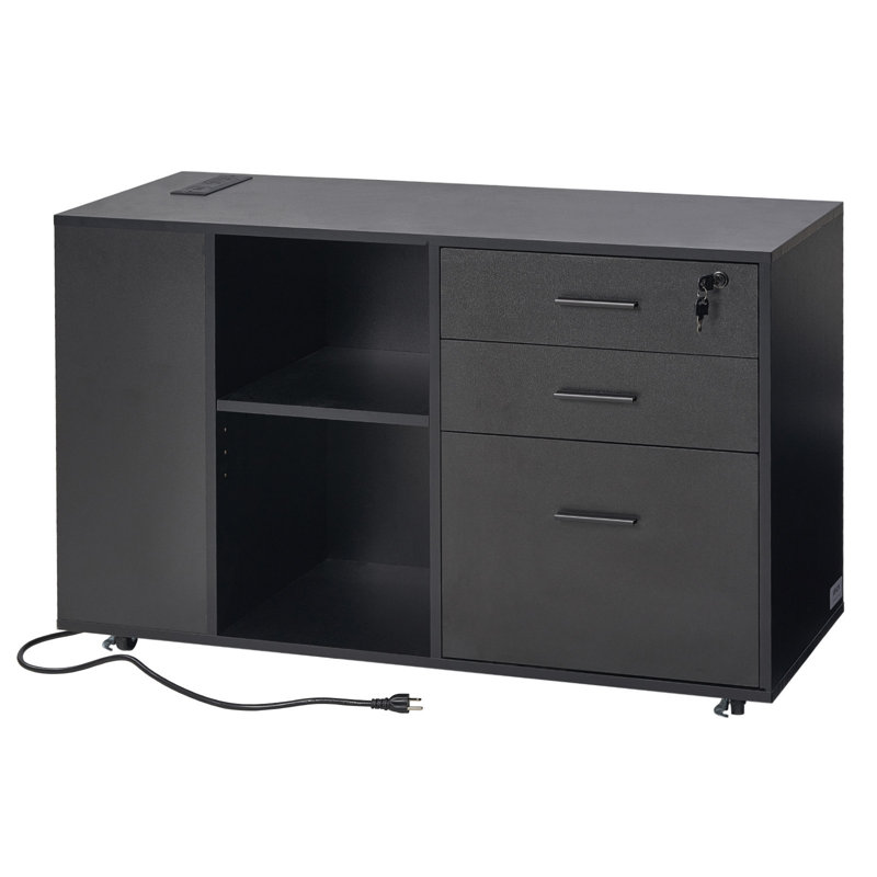 Classeur mobile 3 tiroirs en bois avec multiprise noir