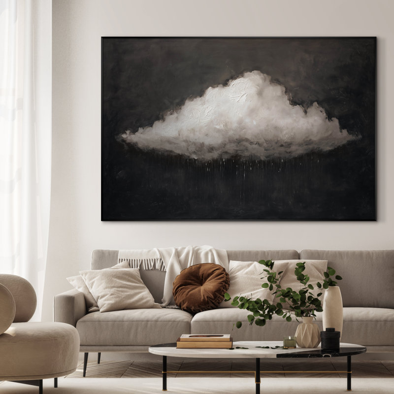Très grand art mural imprimé sur tissu - Nuage de pluie minimaliste moderne pour la décoration de salon ou de chambre à coucher - «Assemblage requis du cadre (cadre non fini)»