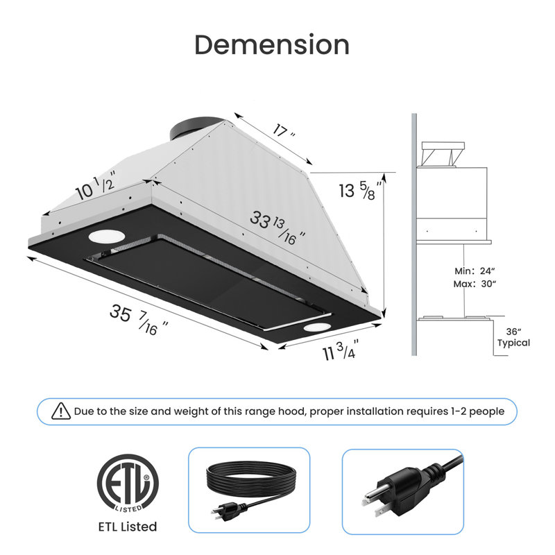 Hotte intégrée en acier inoxydable avec lumières DEL VIKIO 36 '' 600CFM, Noir