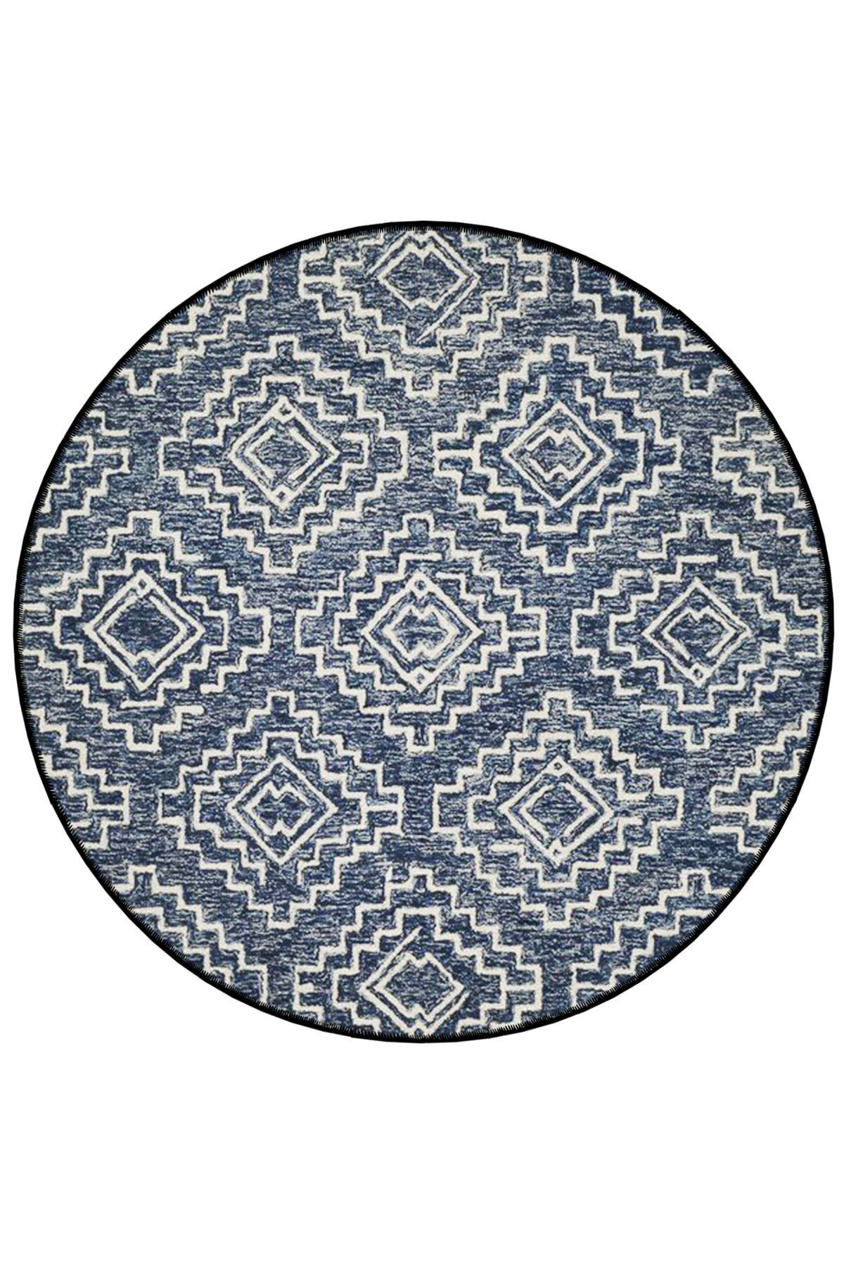 Hokku Designs Round Navy Distressed Ethnic Patterned Woven Base Modern ...