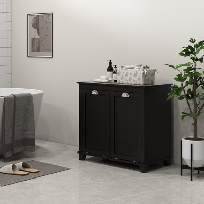 Dual Tilt Out Hamper Cabinet, Bathroom Storage. 2 Laundry For Washroom, Black. Modern Floor Cabinet With Large Towel Accommodation. Separate & Dark Item Build, Water-. Toppling. Wall Mountable