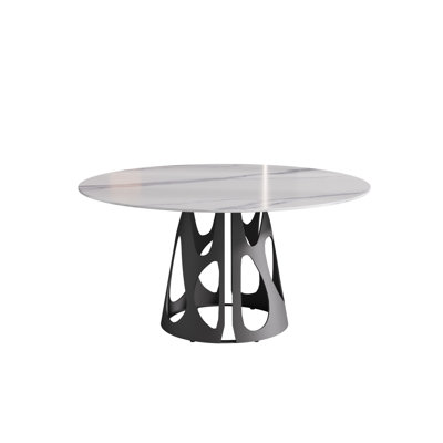 Table de salle à manger ronde en pierre frittée blanche, 57,92 po, avec base stable en fer noir, peut accueillir 6 à 8 personnes en blanc, stable
