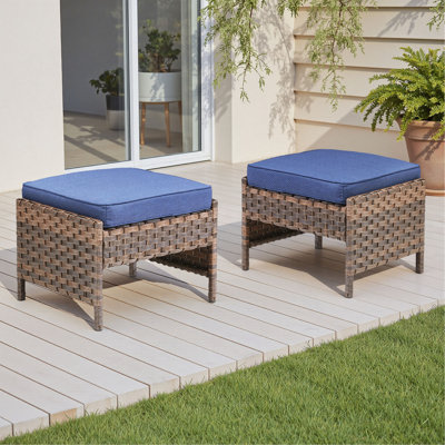 Ensemble de 2 repose-pieds d'extérieur en rotin brun avec coussin pour la cour ou la terrasse