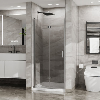 34"X 72" Bifold Frameless Glass Shower Door 1/4 Inch Tempered Clear Glass Pivot Swing Shower Panel In Chrome Finish, Foldable