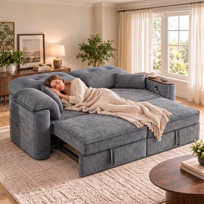 Canapé-lit convertible 3-en-1 de 82 po avec couchette coulissante, chenille, dossier réglable, table d'appoint pivotante et ports de charge USB, kaki