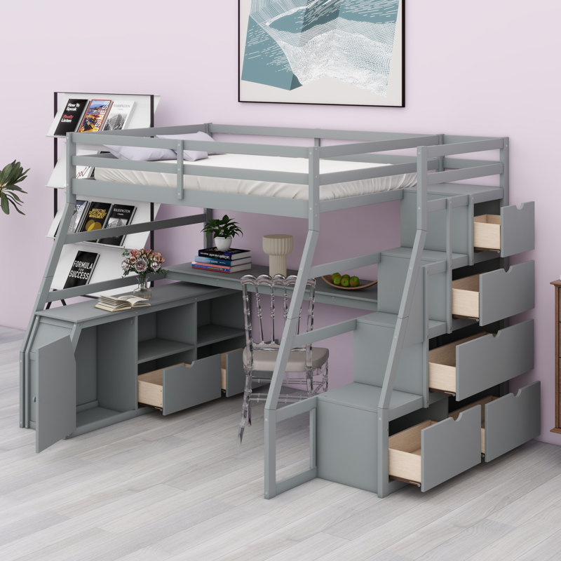 Lit mezzanine avec 7 tiroirs, 2 tablettes et un bureau, Gris