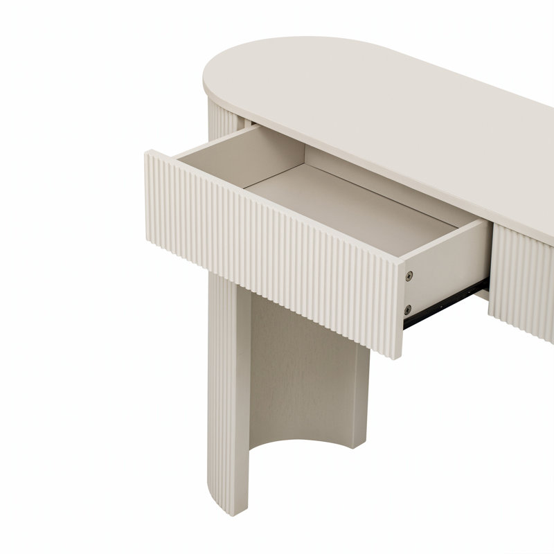 Console avec rangement, plateau ovale et 2 tiroirs, table d'entrée avec conception cannelée, Blanc champagne