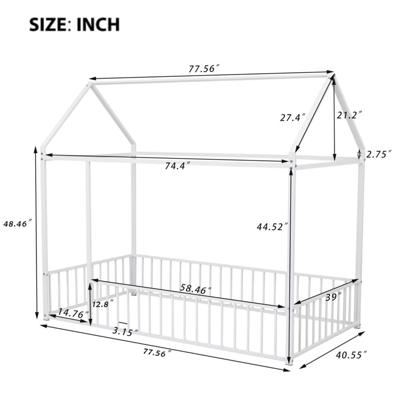 Schererville Metal House Style Floor Bed with Canopy and Guardrails, Twin, White