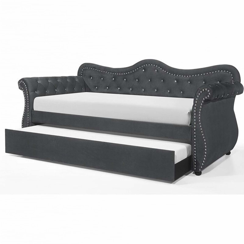 Upholstered Velvet Wood Daybed with Trundle, Gray