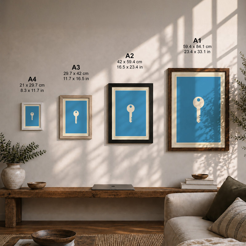 Skeleton Key Minimalist - Framed Print, A4 - 29.7 x 21.0 cm, Walnut