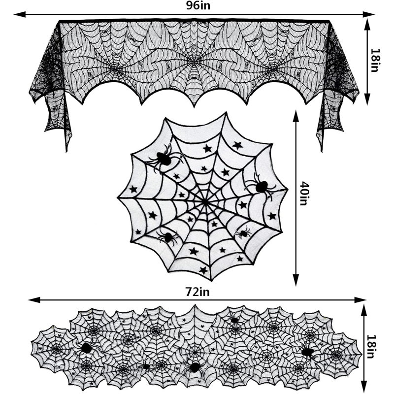 3Pack Halloween Decorations Set Halloween Tablecloth Black Lace Round Spider Cobweb Table Cover Fireplace Mantel Scarf Spiderweb Fireplace Scarf For Halloween Party