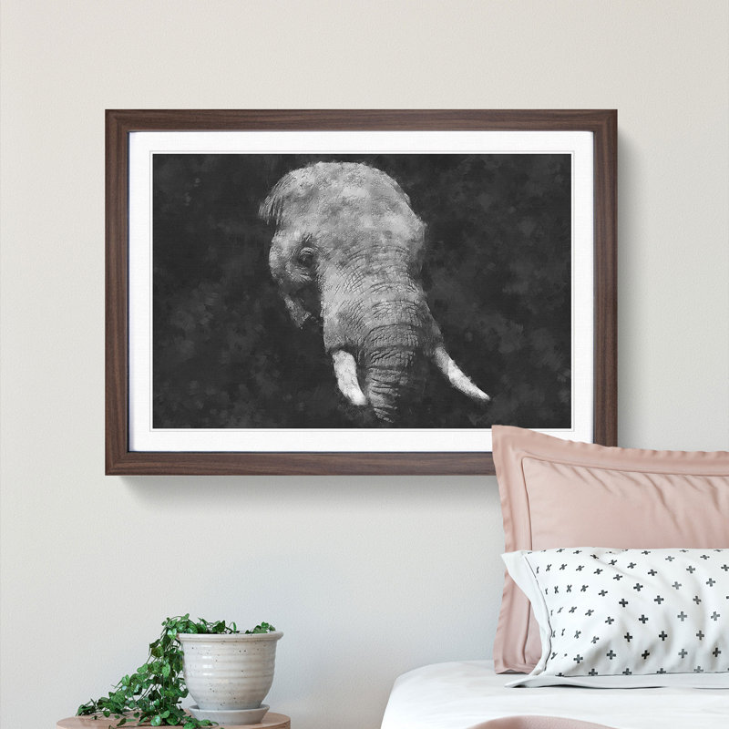 African Elephant - Single Picture Frame Painting on MDF, Walnut, 33cm H x 45cm W x 2cm D