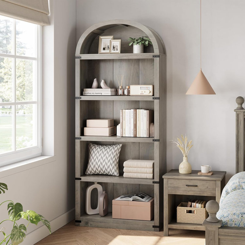 Bookcase Arched Bookshelf 71.65In Tall Bookcase Farmhouse Display Storage Rack, Gray