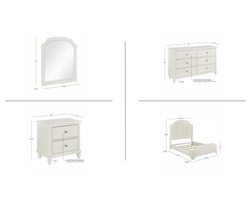 Kaufmann White Queen 4PC Bedroom Set, Queen, 4 Pcs: Bed, Dresser, Mirror, Nightstand
