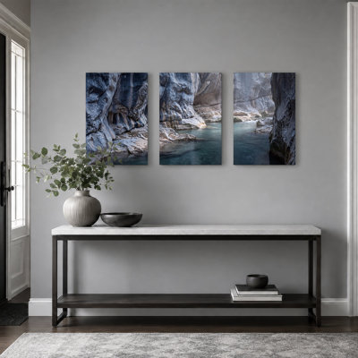 Blue Stream Flowing Through Grey Rock Canyon Walls Set Of 3 Canvas Wall Art