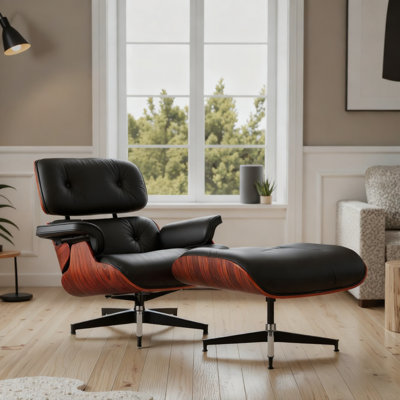 Genuine Leather Swivel Lounge Chair With Ottoman