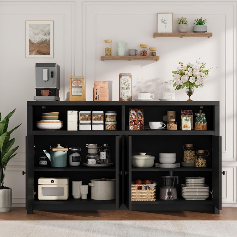 Buffet/meuble de rangement de 55 pouces avec 4 portes, Noir