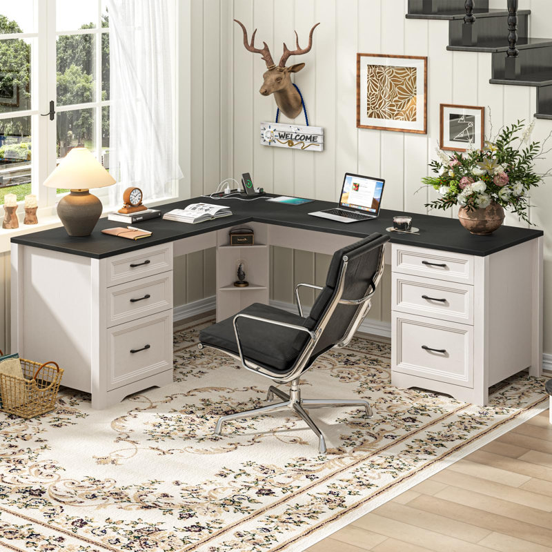 Wood L Shaped Executive Desk With 6 Drawers, Black