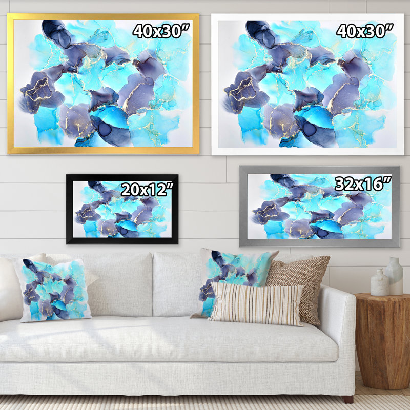 Turquoise de luxe abstrait fluide III - peinture sur toile, H 34 po x l 44 po x P 1,5 po, Cadre noir