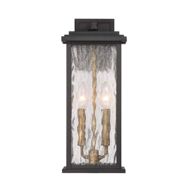 Estate - 2-Light Outdoor Wall Sconce - Black with Brass Accent - Rain Glassware Shade, 17" H x 7" W x 6.5" D