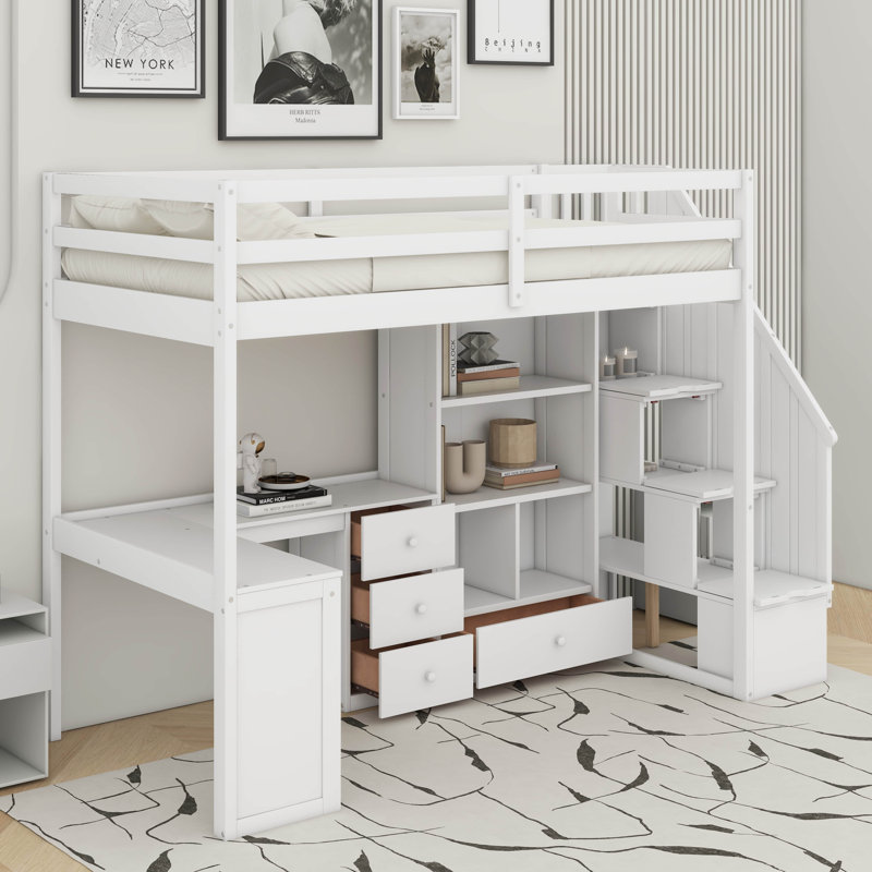 Lit mezzanine simple avec bureau et tiroirs, Blanc