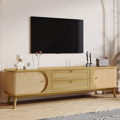 Meuble télé en rotin pour téléviseur de 75 po ou moins, console multimédia de style campagne moderne avec rangement multifonctionnel et pieds en bois massif