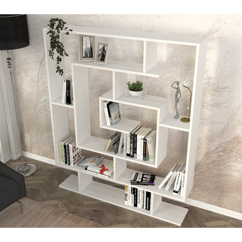 Elegant White Bookshelf, 49.2 x 58.7 x 8.7 inches | 100% Melamine Coated Particle Board, Thickness: 0.7 inches | Numerous Shelves, Wall-Mountable, Additional Storage | Modern Abstract Design for Home & Office