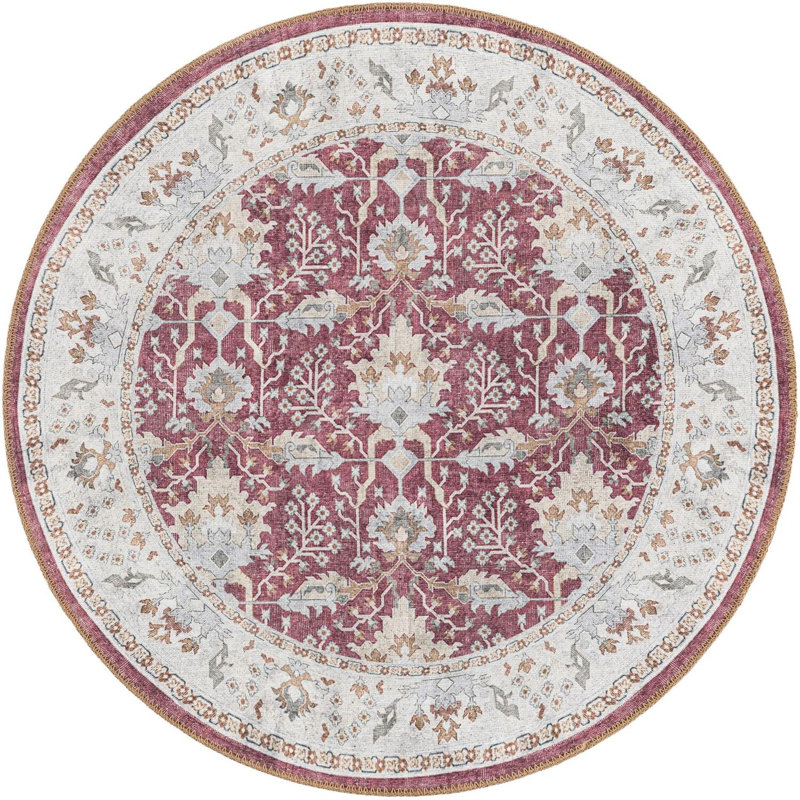 Tapis traditionnel de couleur rouge bourgogne Guljan, Rond 3 pi 6 po